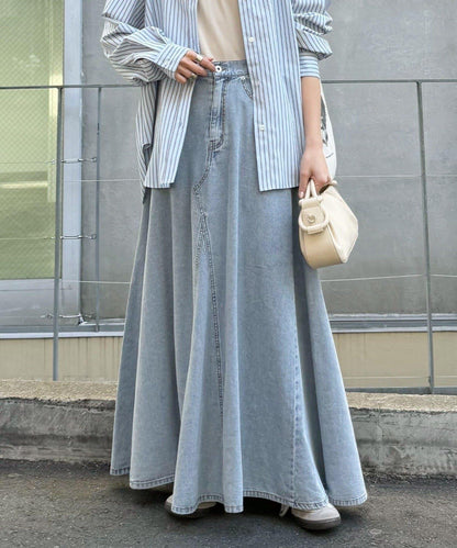 改造風柔軟牛仔長款傘擺半身裙