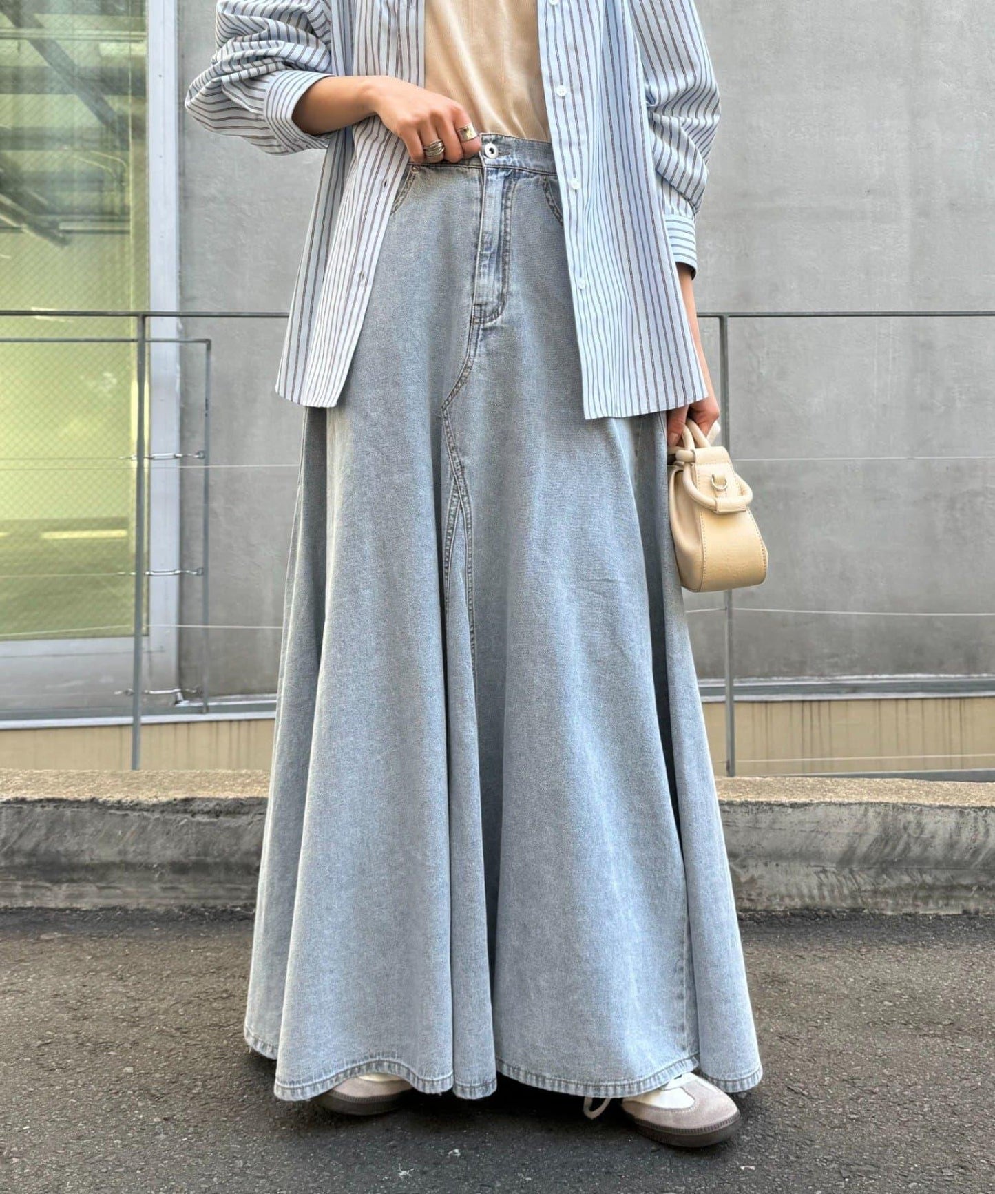 改造風柔軟牛仔長款傘擺半身裙