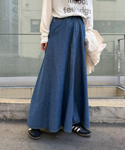 改造風柔軟牛仔長款傘擺半身裙