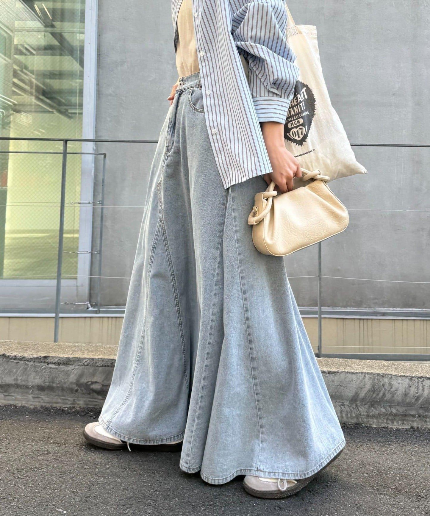改造風柔軟牛仔長款傘擺半身裙