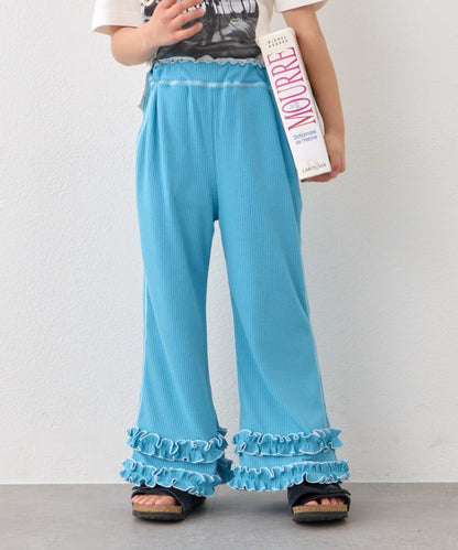 褲腳荷葉邊撞色走線微喇羅紋褲子