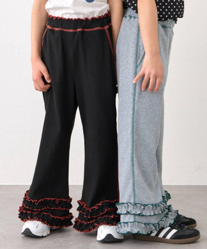 褲腳荷葉邊撞色走線微喇羅紋褲子