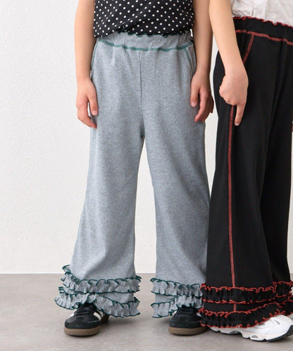 褲腳荷葉邊撞色走線微喇羅紋褲子