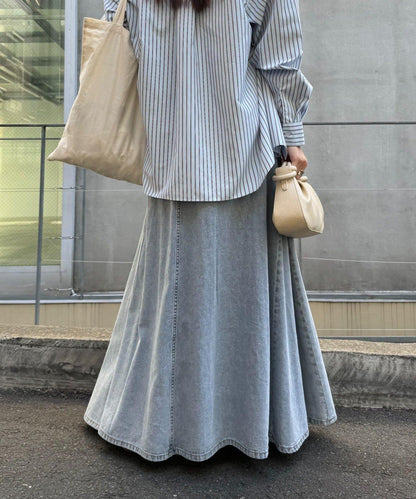 改造風柔軟牛仔長款傘擺半身裙