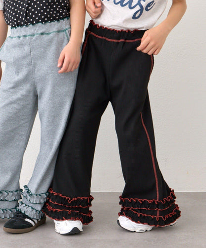 褲腳荷葉邊撞色走線微喇羅紋褲子