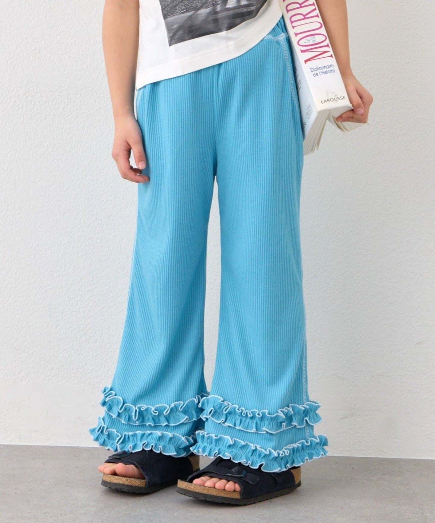 褲腳荷葉邊撞色走線微喇羅紋褲子