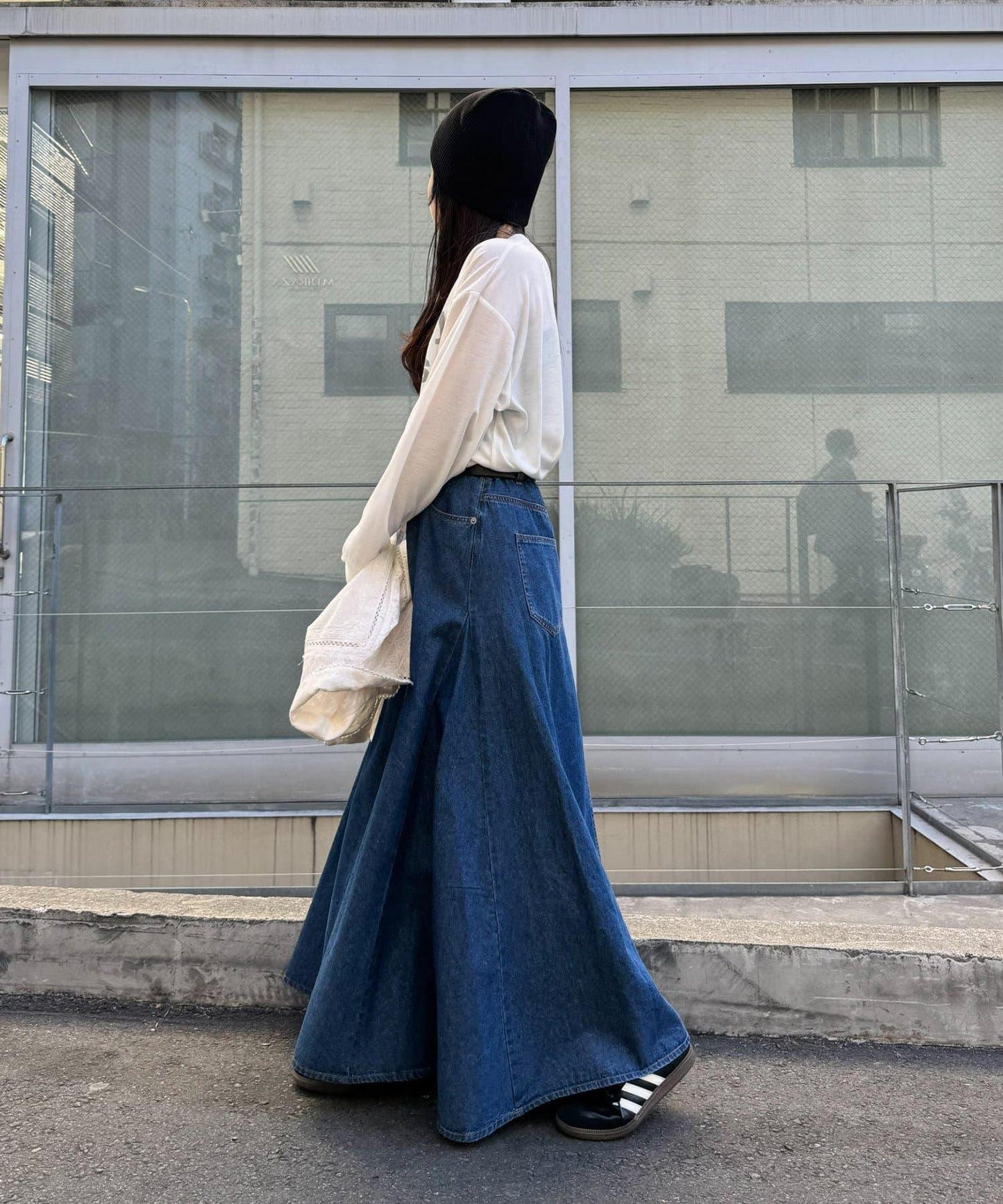 改造風柔軟牛仔長款傘擺半身裙