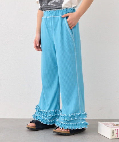 褲腳荷葉邊撞色走線微喇羅紋褲子