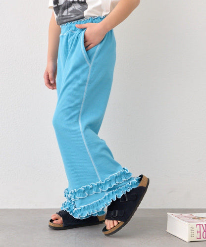 褲腳荷葉邊撞色走線微喇羅紋褲子