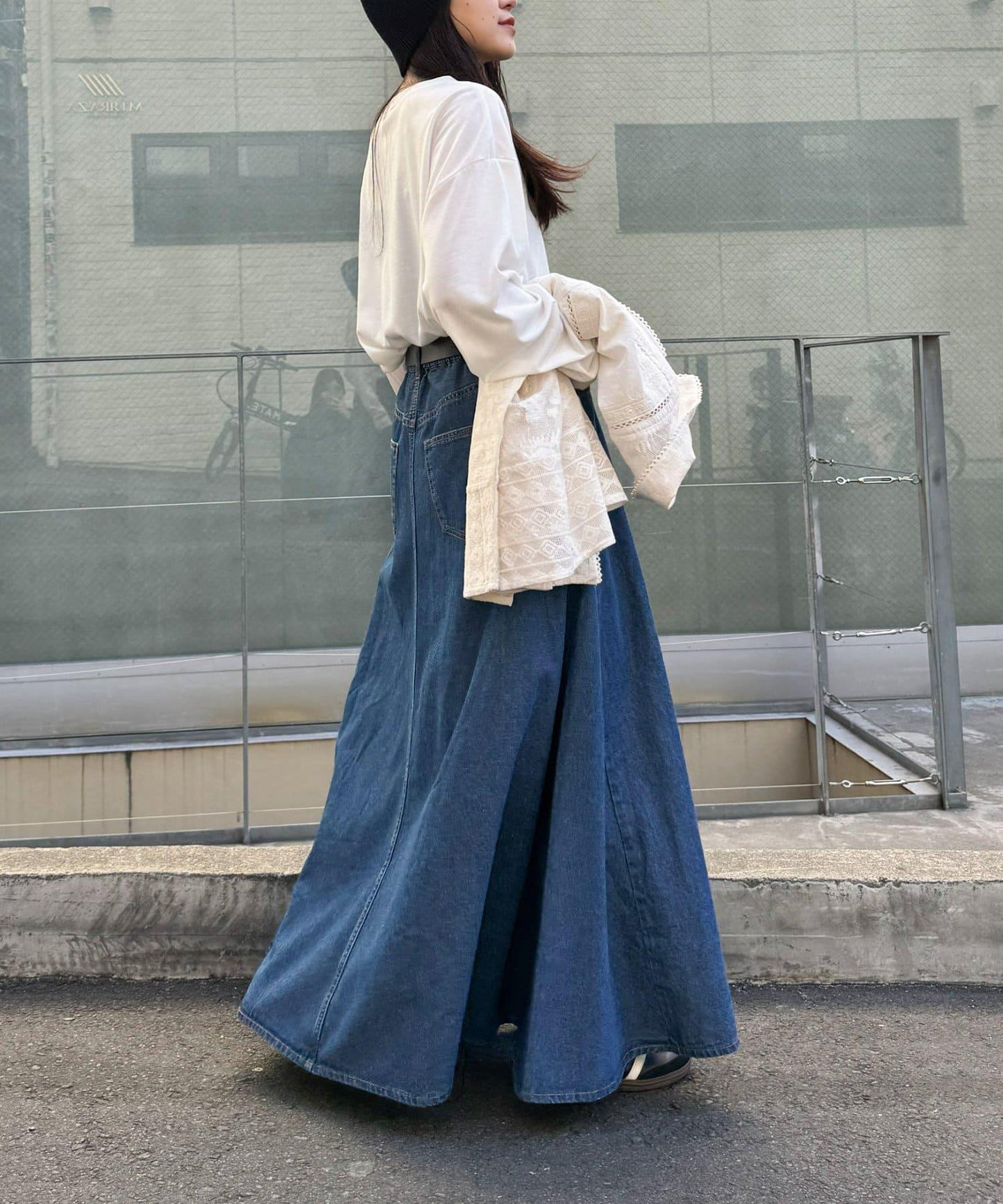 改造風柔軟牛仔長款傘擺半身裙