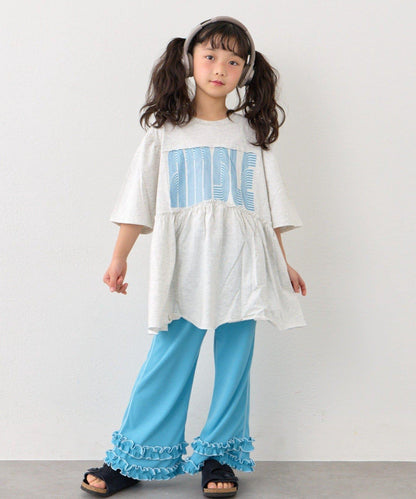 褲腳荷葉邊撞色走線微喇羅紋褲子