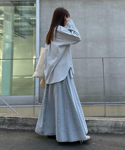 改造風柔軟牛仔長款傘擺半身裙