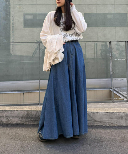 改造風柔軟牛仔長款傘擺半身裙