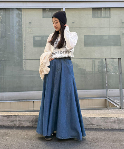 改造風柔軟牛仔長款傘擺半身裙