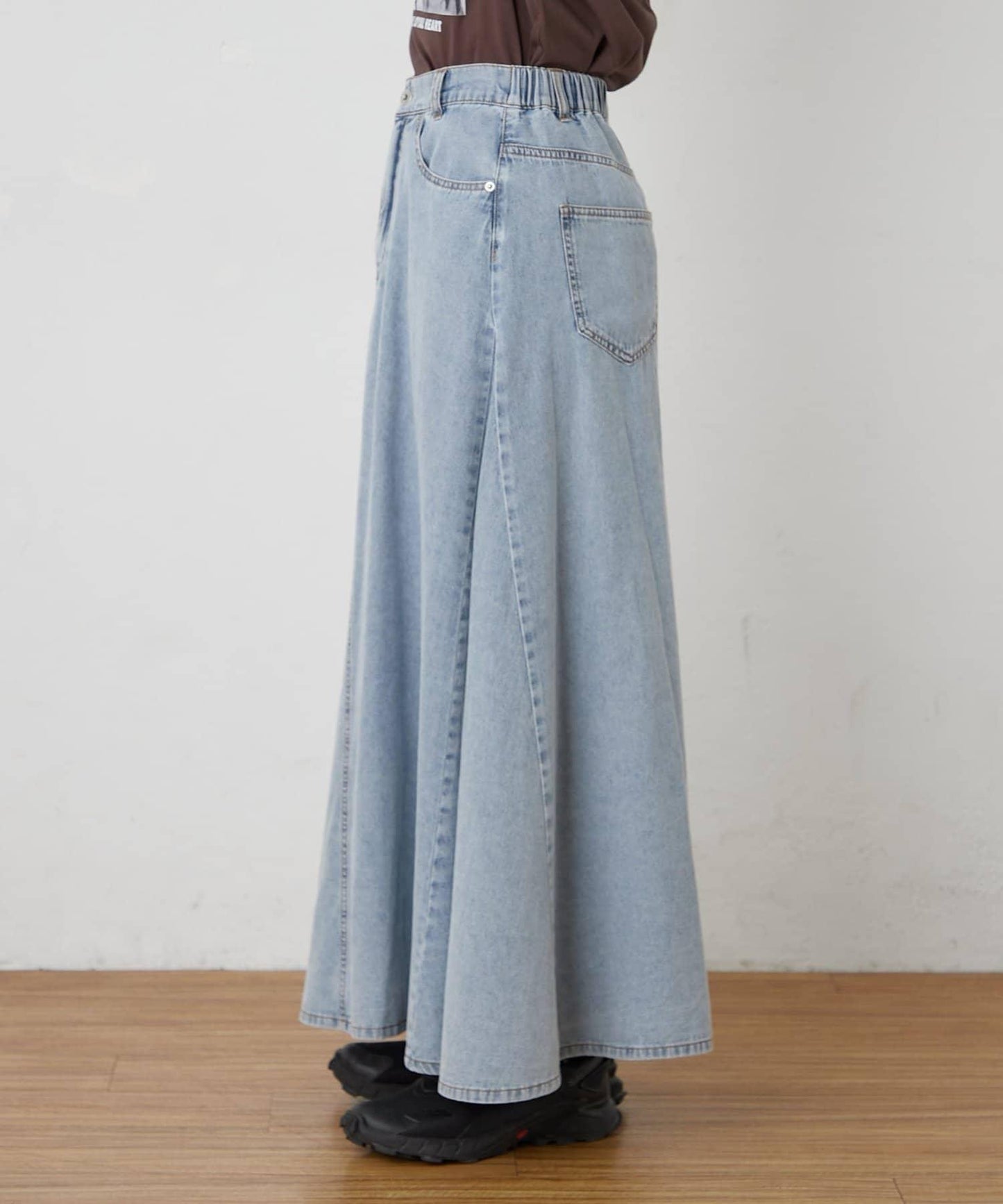 改造風柔軟牛仔長款傘擺半身裙