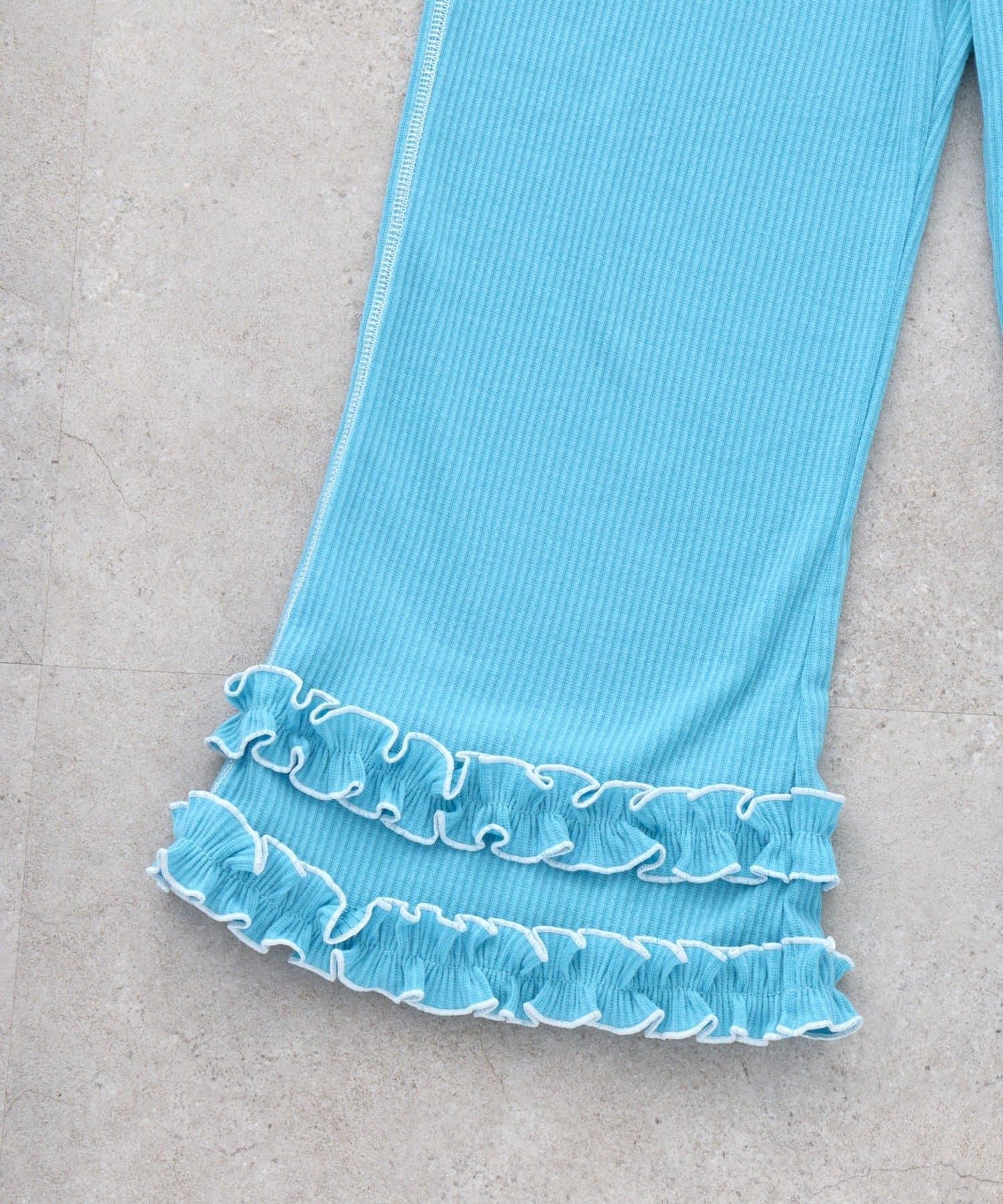 褲腳荷葉邊撞色走線微喇羅紋褲子