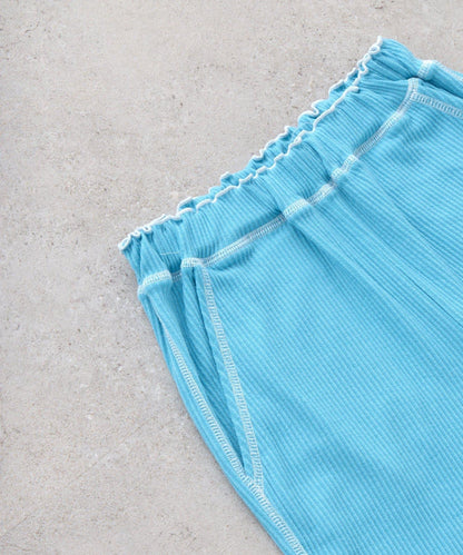 褲腳荷葉邊撞色走線微喇羅紋褲子