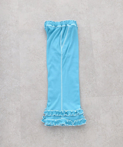 褲腳荷葉邊撞色走線微喇羅紋褲子