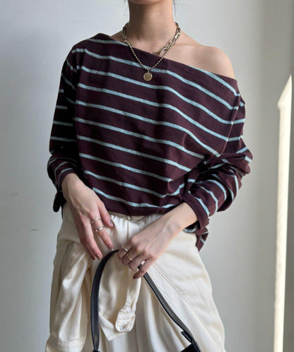 多色條紋露肩T恤