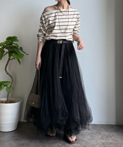 多色條紋露肩T恤