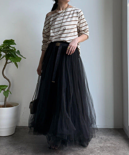 多色條紋露肩T恤