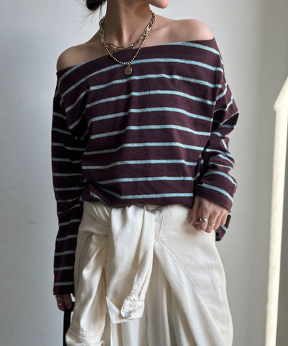 多色條紋露肩T恤