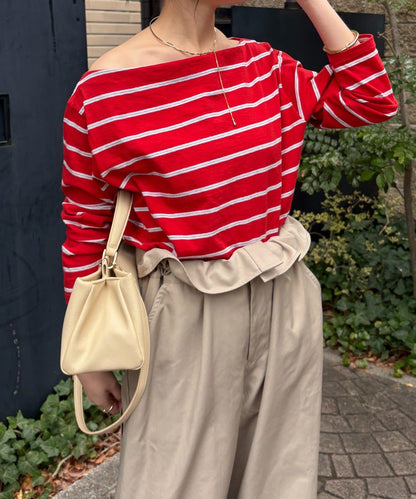 多色條紋露肩T恤