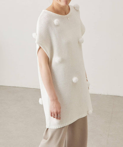 毛球裝飾 法式風格 針織套頭衫