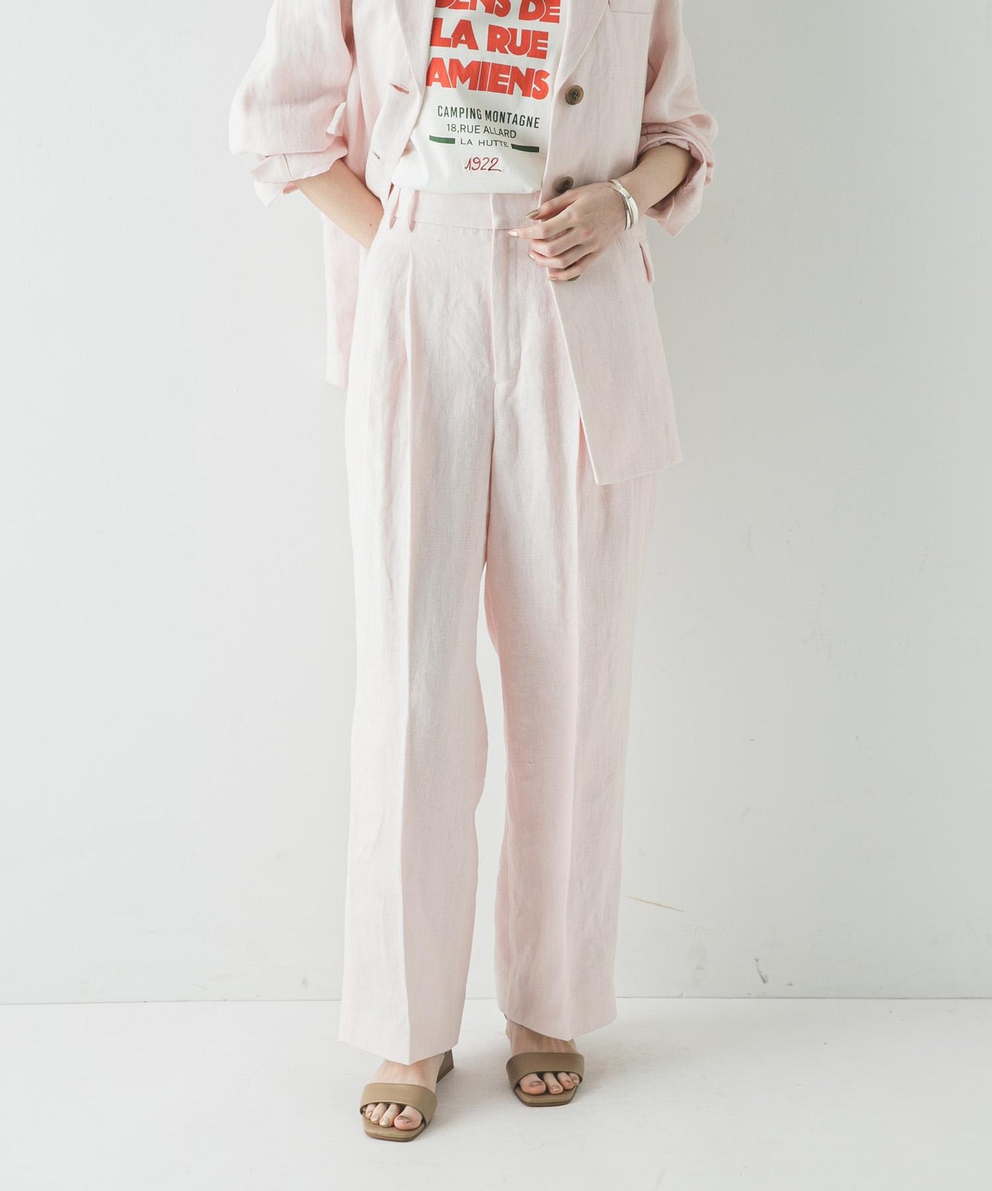 牛津紡亞麻直筒褲