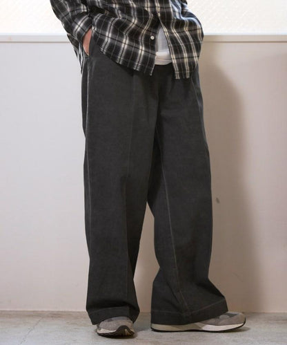 水洗做舊 棉質 打褶 闊腿褲
