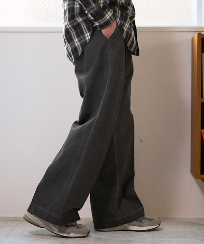水洗做舊 棉質 打褶 闊腿褲