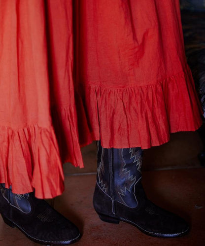 印度方領荷葉邊連衣裙