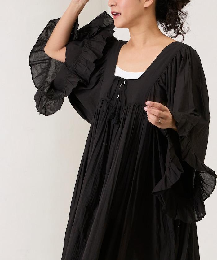 印度方領荷葉邊連衣裙