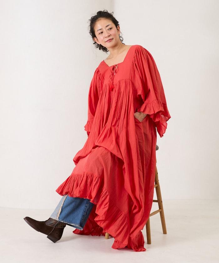 印度方領荷葉邊連衣裙