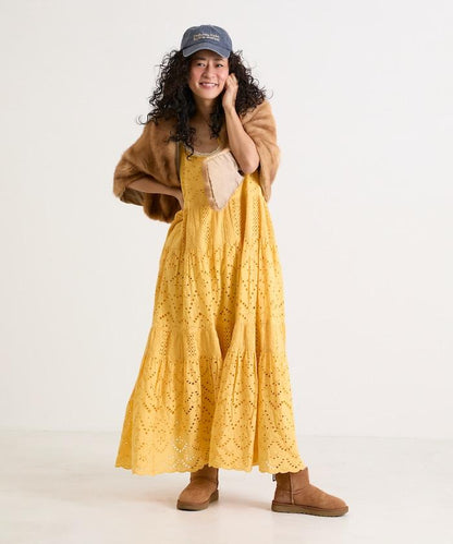 印度刺繡層疊肩部蝴蝶結吊帶連衣裙