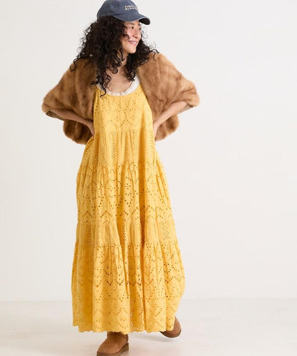 印度刺繡層疊肩部蝴蝶結吊帶連衣裙