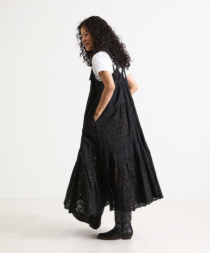 印度刺繡層疊肩部蝴蝶結吊帶連衣裙