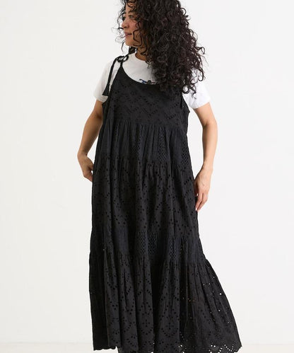 印度刺繡層疊肩部蝴蝶結吊帶連衣裙