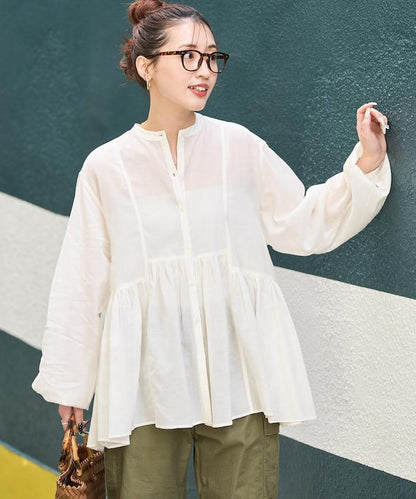 輕薄透紗 前排扣抽褶 襯衫