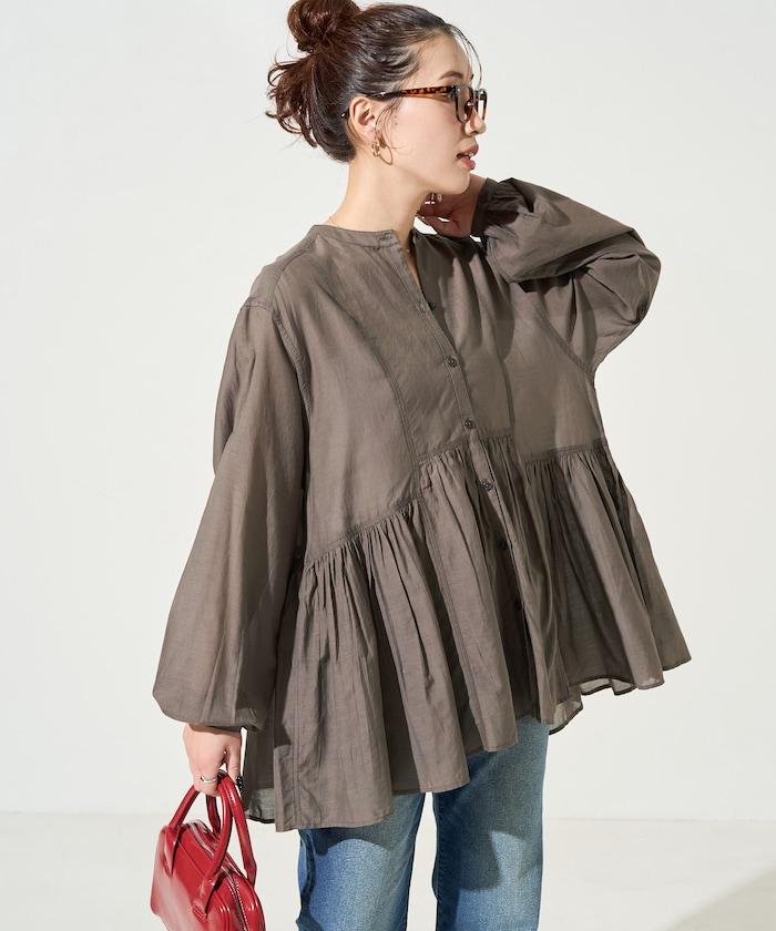 輕薄透紗 前排扣抽褶 襯衫