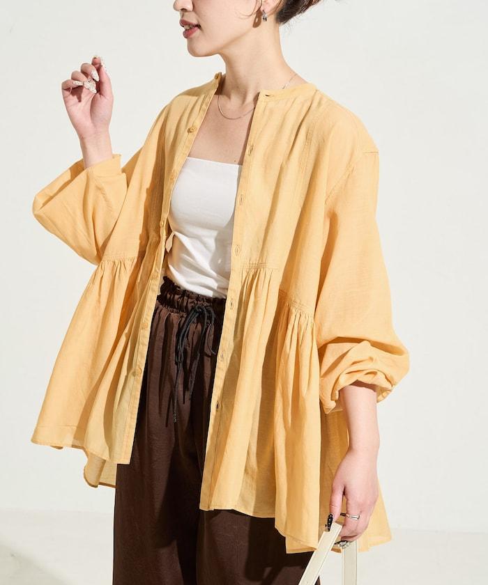 輕薄透紗 前排扣抽褶 襯衫