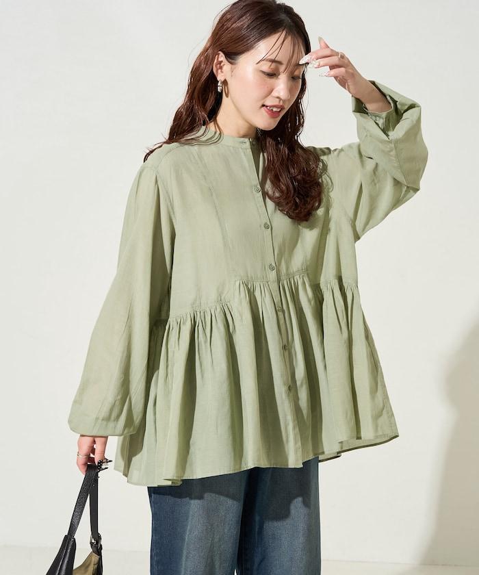 輕薄透紗 前排扣抽褶 襯衫