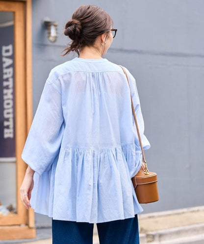 輕薄透紗 前排扣抽褶 襯衫