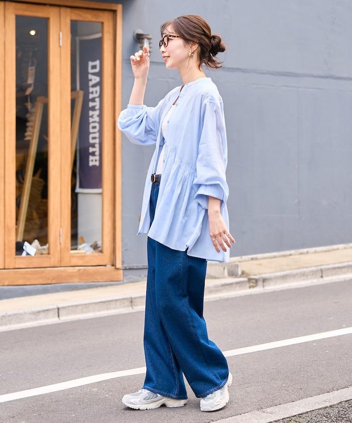 輕薄透紗 前排扣抽褶 襯衫