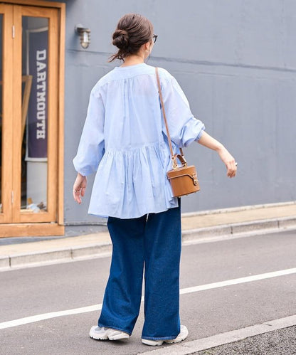 輕薄透紗 前排扣抽褶 襯衫