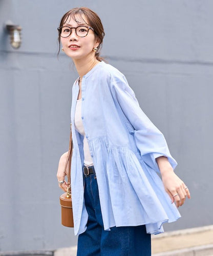輕薄透紗 前排扣抽褶 襯衫