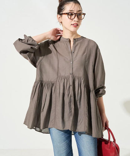 輕薄透紗 前排扣抽褶 襯衫