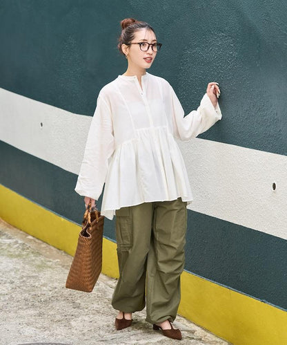 輕薄透紗 前排扣抽褶 襯衫