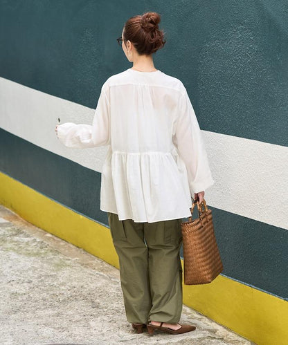 輕薄透紗 前排扣抽褶 襯衫