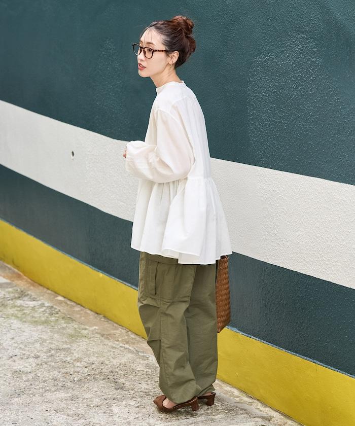 輕薄透紗 前排扣抽褶 襯衫